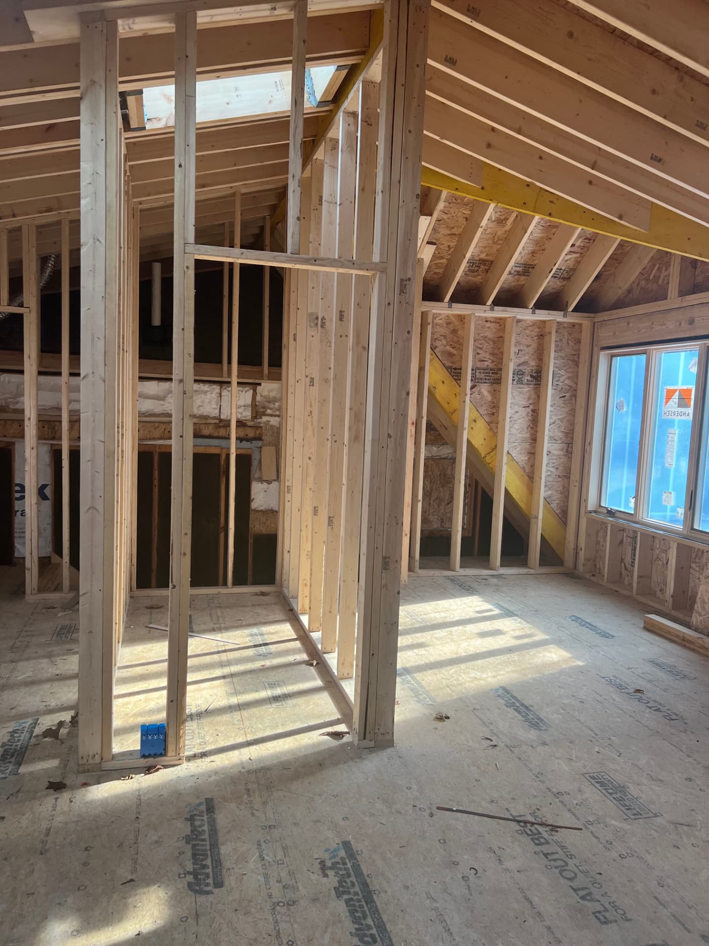 Interior remodeling project during wall and roof framing